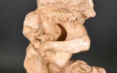 D'après Auguste Rodin (1840-1917) Français. "La cariatide déchue portant sa pierre", Plâtre, 50,8 x 30,5...