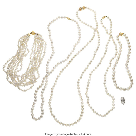 Diamond, Cultured Pearl, Gold Necklaces Stones: Full and baguette-cut...