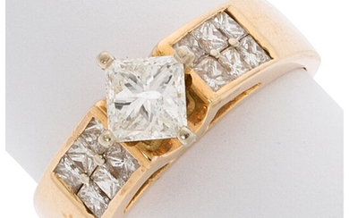 Diamond, Gold Ring The ring features a square brilliant-cut...