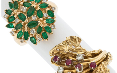 Diamond, Ruby, Emerald, Gold Rings Stones: Full-cut diamonds weighing...