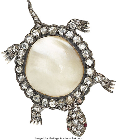 Diamond, Ruby, Freshwater Pearl, Silver-Topped Gold Brooch The turtle...