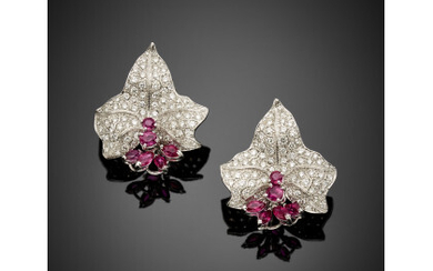 Diamond and ruby white gold leaf earrings, diamonds in all ct. 2.50 circa and rubies in all ct. 2.30 circa,...