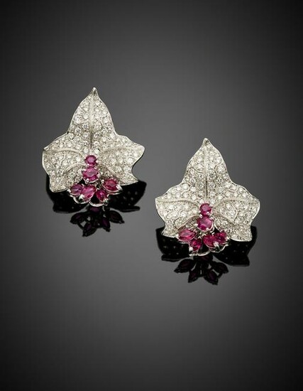 Diamond and ruby white gold leaf earrings, diamonds in