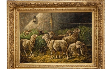 Dipinto, Pecore nell'ovile, Charles Ferdinand Ceramano (1829 - 1909)