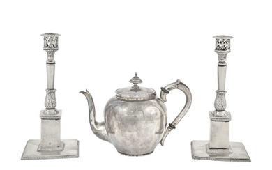 Dutch Silver Teapot and Pair of Cast Silver Candlesticks