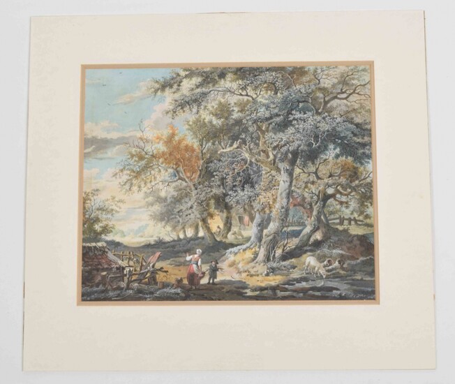 Dutch school, 19th century. (View of a forest with figures and sheep)
