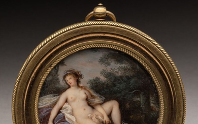 ECOLE FRANCAISE du XVIIIème siècle. Femme nue près de l'eau avec un oiseau. Miniature circulaire...