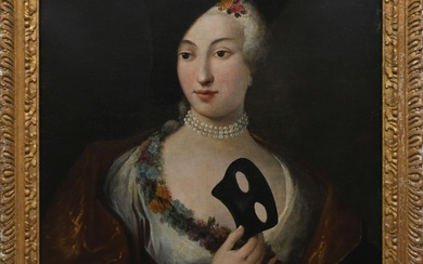 ÉCOLE VÉNITIENNE 18E SIÈCLE Portrait d'une dame, en demi-longueur, tenant un masque noir et portant...
