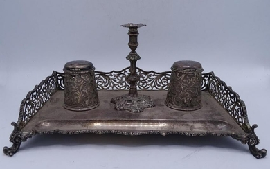 ENGLISH SILVER DOUBLE INKWELL 7"H 12"W 19"D