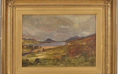 Early 19th century Scottish school "Loch Laggan" landscape painting. Mountains and lake scene. 1832