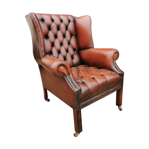 Early 20th C. leather deep buttoned Chesterfield wing back c...