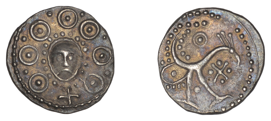 Early Anglo-Saxon Period, Sceatta, Secondary series H, type 49 var. 4b, facing...