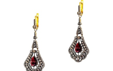 Earrings - Imperial Russian Antique 56 Gold (14k gold) Pendant Earrings diamonds and Natural Garnets Circa