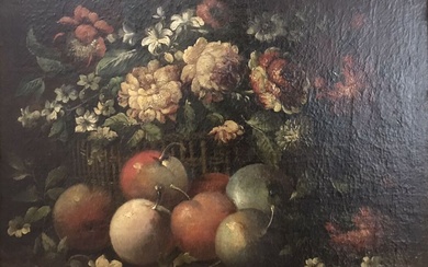 École flamande du XVIIIe Nature morte au panier fleuri et aux pommes Huile sur toile...