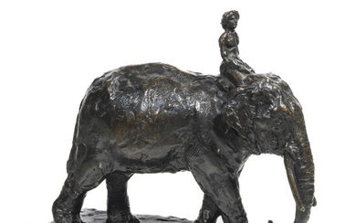 Ecole française XXème "Éléphant et son cornac" Bronze patiné 26 x 26 x 10.5 cm...