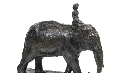 Ecole française XXème " Éléphant et son cornac" Bronze patiné 26 x 26 x 10.5...