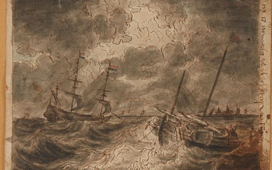 École hollandaise du XVIIème siècle Marine Plume et encre brune, lavis gris Haut. : 16...