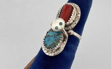 Effie Calavaza Zuni Sterling Turquoise Coral Ring