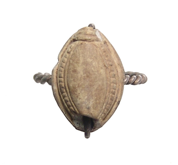 Egyptian steatite scaraboid set in silver ring