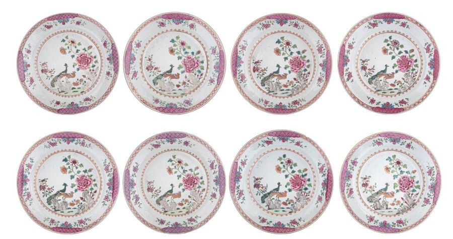 Eight Chinese famille rose 'Double Peacock' export dishes, decorated with...