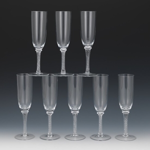 Eight Steuben Style Crystal Air Twist Design Champagne Flutes