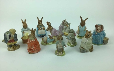 Eleven Beswick Beatrix Potter figures - Tommy Brock, Tabitha Twitchet and Miss Moppet, Mrs Flopsy Bunny, Poorly Peter Rabbit, Mr Benjamin Bunny, Aunt Pettitoes, Chippy Hackee, Cecily Parsley, Mrs R...