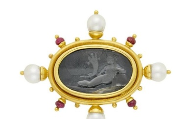 Elizabeth Locke Gold, Venetian Glass Intaglio, Black Onyx, Cultured Pearl and Ruby Bead Clip-Brooch