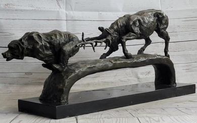 Elk Attacking Bear Bronze Sculpture On Marble Base - 10" x 25"