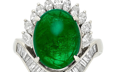 Emerald, Diamond, Platinum Ring Stones: Emerald cabochon weighing 7.20...