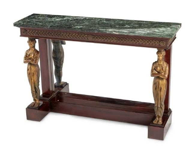 Empire Style Gilt Bronze Mounted Mahogany Marble-Top Console Table