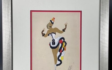 Erté (French/Russian, 1892 ~ 1990) 'La Guitare' - Original gouache painted costume design for theatrical musical production. Circa 1930. Frame size 53cm x 39cm, image size 30cm x 22cm.