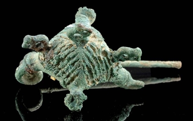 Etruscan Bronze Navicella Fibula w/ Figural Decoration