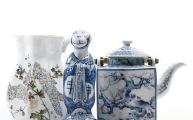 European Japonsime Pitcher with Chinese Blue and White Teapot and Figurine
