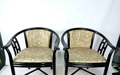 Exceptional pair of black lacquered club chairs with gold-colored textile floral seat Approx. 1960 - Chair (2) - Lacquer, Textiles, Wood