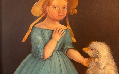 FOLK ART OIL PAINTING OF GIRL AND HER DOG.