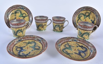 FOUR EARLY 20TH CENTURY CHINESE FAMILLE ROSE PORCELAIN DRAGON CUPS AND SAUCERS Late Qing/Republic. (