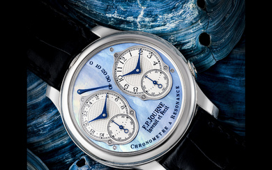 F.P. JOURNE. A POSSIBLY UNIQUE, IMPORTANT AND VERY ATTRACTIVE PLATINUM DUAL TIME WRISTWATCH WITH RESONANCE-CONTROLLED TWIN INDEPENDENT GEAR-TRAIN MOVEMENT, CONSTANT FORCE, POWER RESERVE AND ICE BLUE MOTHER-OF-PEARL DIAL CHRONOMÈTRE À RÉSONANCE MODEL...