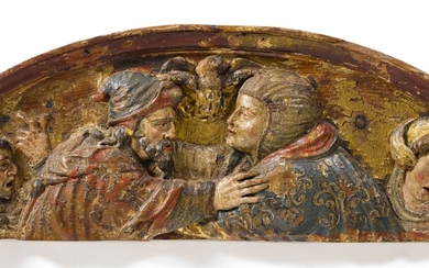 FRAGMENT DE CADRE OU SUPRAPORTEEspagne, XVIIe siècle.Pin sculpté en relief ainsi que serti. En forme...