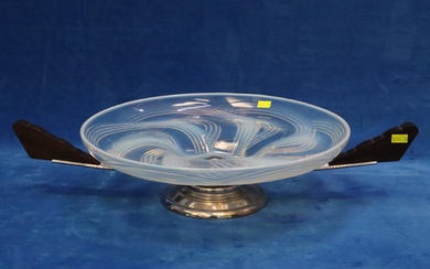 FRENCH ART DECO STYLE OPALESCENT GLASS CENTREPIECE BOWL, MOUNTED ON CHROME AND WOOD SURROUND, UNMARKED, BOWL 37CM DIAM, OVERALL 10.5CM X 57CM W, MINOR NIBBLES UNDER BASE OF BOWL