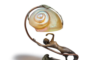 FRENCH ART NOUVEAU Mermaid Shell Lamp circa 1923 patinated bronze,...