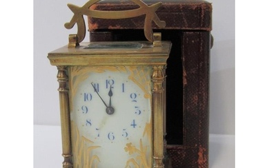 FRENCH BRASS CARRIAGE CLOCK with painted glass front panel i...