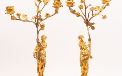 FRENCH DORE BRONZE & MARBLE CANDELABRAS, PAIR, H 22", DIA 9"