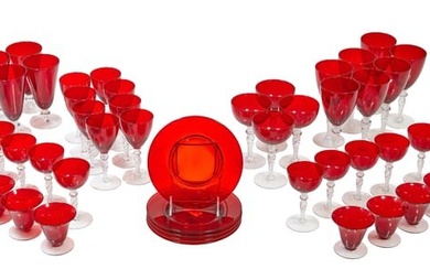Forty-Eight Piece Morgantown Ruby Glass Dessert Set, mid 20th c., Plate- H.- 3/4 in., Dia.- 7 1/2 in
