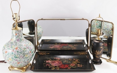 Four Items; Asian lamps, mirror, tray