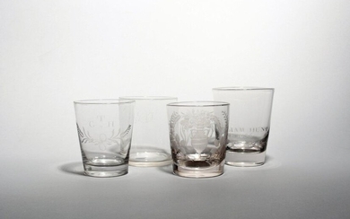 Four glass tumblers or beakers 19th century, of flared cylindrical...