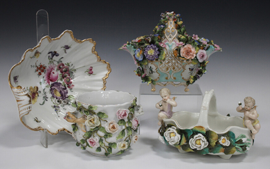Four pieces of Continental porcelain, late 19th/early 20th century, comprising a shell shaped Meisse