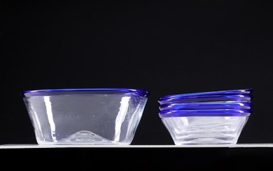 SOLD. Four small and one large 19th century glass bowls with blue rim. Circa 1900. H. 6 and 9 cm. Diam. 17 and 23 cm. (5) – Bruun Rasmussen Auctioneers of Fine Art