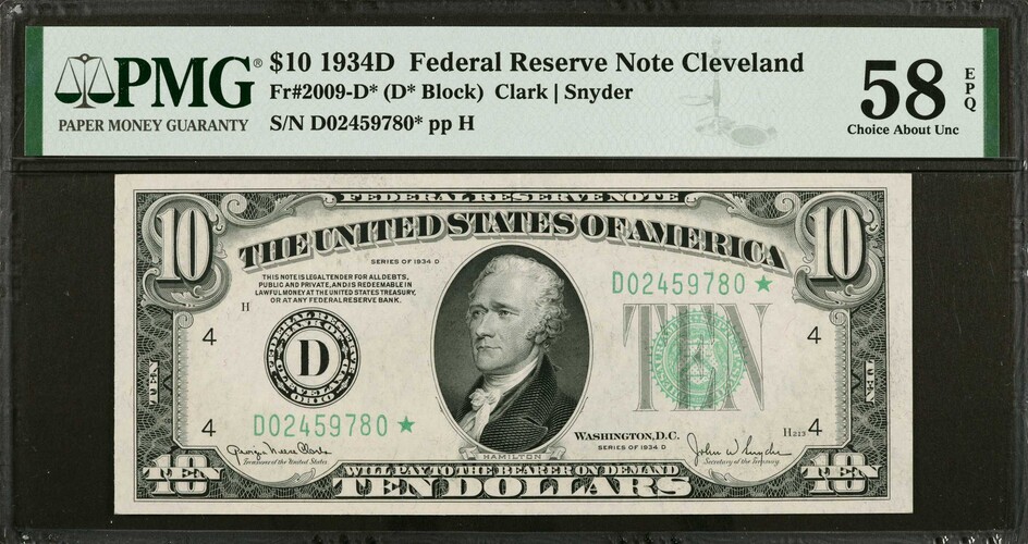 Fr. 2009-D*. 1934D $10 Federal Reserve Star Note. Cleveland. PMG Choice About Uncirculated 58 EPQ.