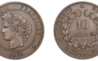 France, Third Republic (1871-1940), 10 Centimes, 1875a, Paris (Gad. 265a; KM 815.1)....
