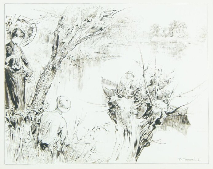 Frederick Henry Townsend, British 1868-1920- Boating scene; pen and ink on paper, signed and dated '87 lower right, 21.5 x 26.5 cm